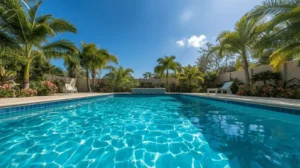 Swimming pool with lush palm trees and blue skies