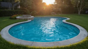 Sunset view of a backyard pool with a spa