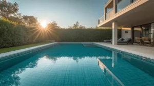 Luxurious Backyard Swimming Pool With Sunset