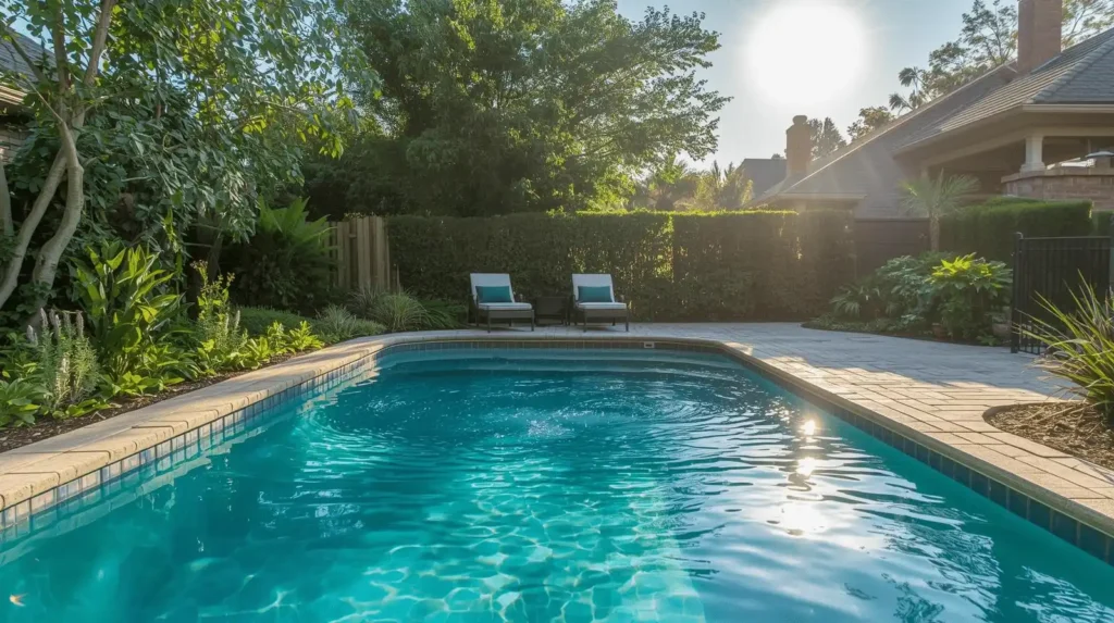 Private pool surrounded by trees and lounge chairs