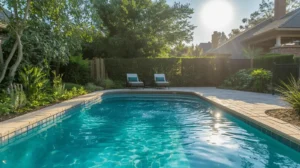 Private pool surrounded by trees and lounge chairs