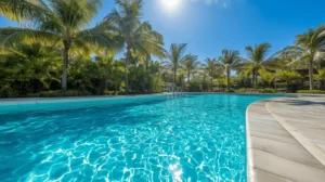 Long pool with palm trees and a clear sky