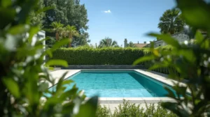 Swimming pool with lush palm trees and blue sky