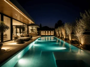 Modern backyard pool with illuminated landscaping