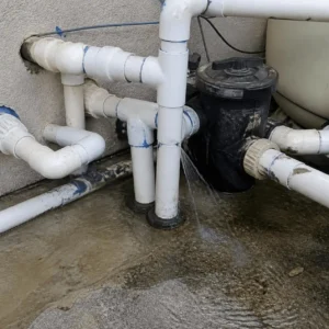Pool equipment pipes with water leak