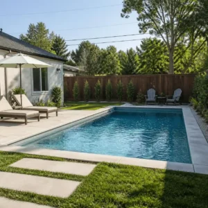 Backyard swimming pool with patio seating area