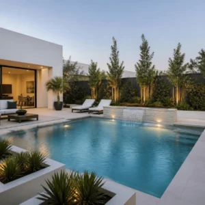 Modern pool with waterfall and landscaped yard
