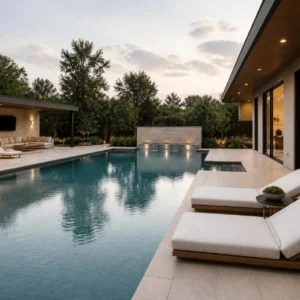 Modern pool with waterfall and landscaped yard