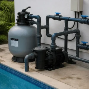 Pool filtration system with pipes and pump equipment