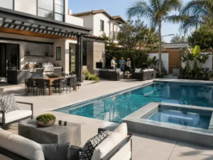 Daytime pool area with an outdoor kitchen and entertaining zones