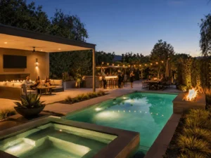 Evening pool setting with layered lighting, seating, and fire features