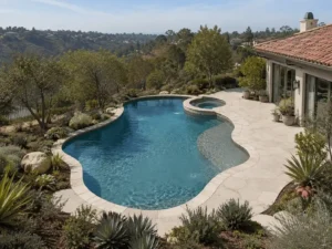 Freeform pool designed for a sloped, irregular backyard