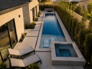 Rectangular pool maximizing a long, narrow backyard