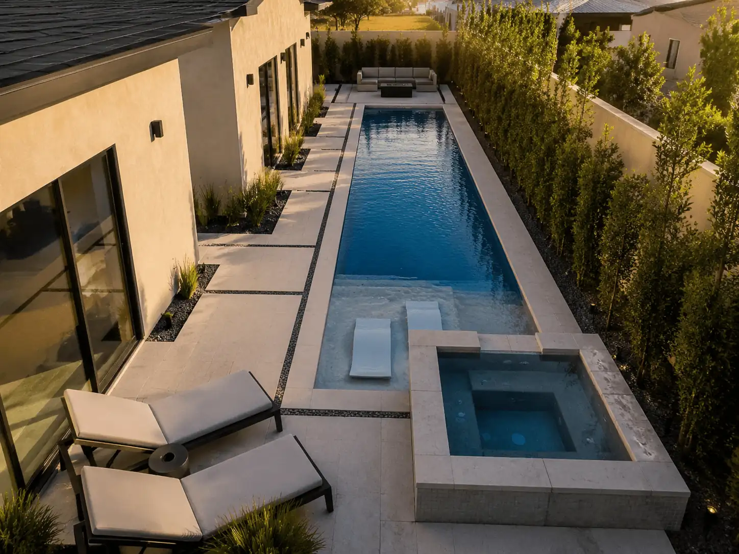 Completed pool shell and layout example for a Gardena backyard Rectangular pool maximizing a long, narrow backyard in the South Bay