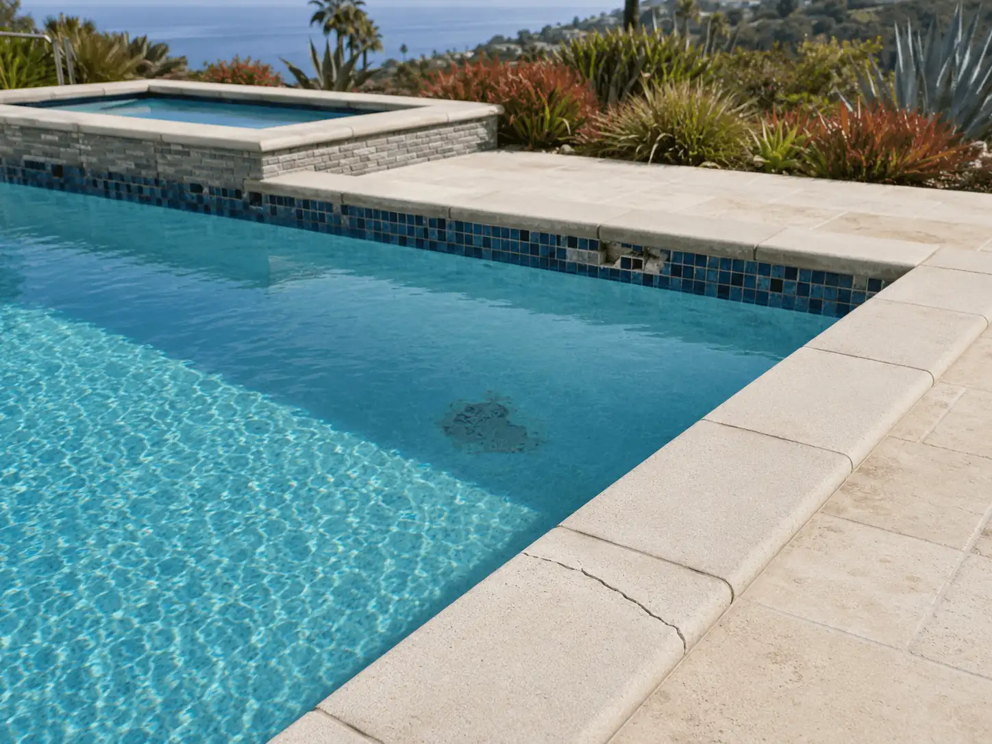 Pool with cracked coping and missing waterline tiles in need of renovation