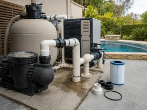 Pool equipment with a leaking pipe connection and replacement parts