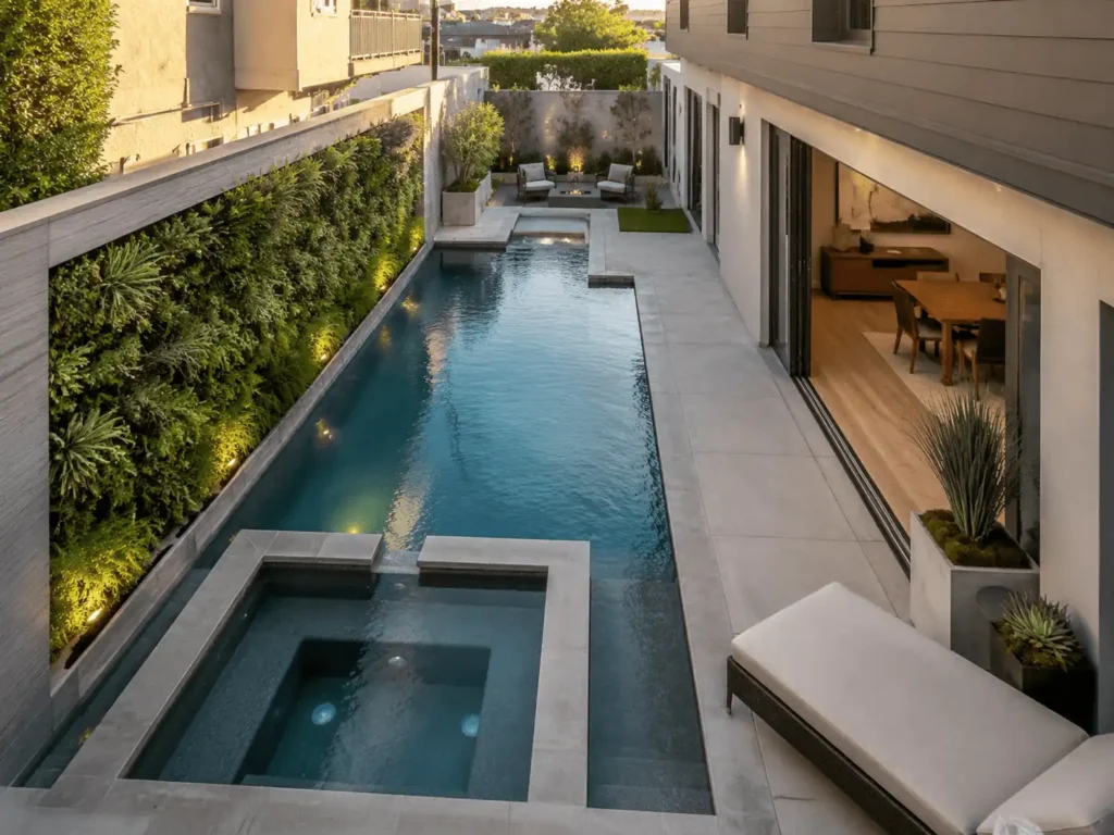 Narrow pool with spa beside patio