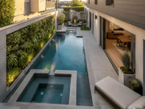 Custom pool with an integrated spa and outdoor living area