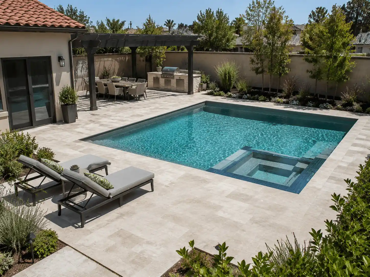 Light stone pool deck with dining, cooking, and lounging zones in a Manhattan Beach backyard