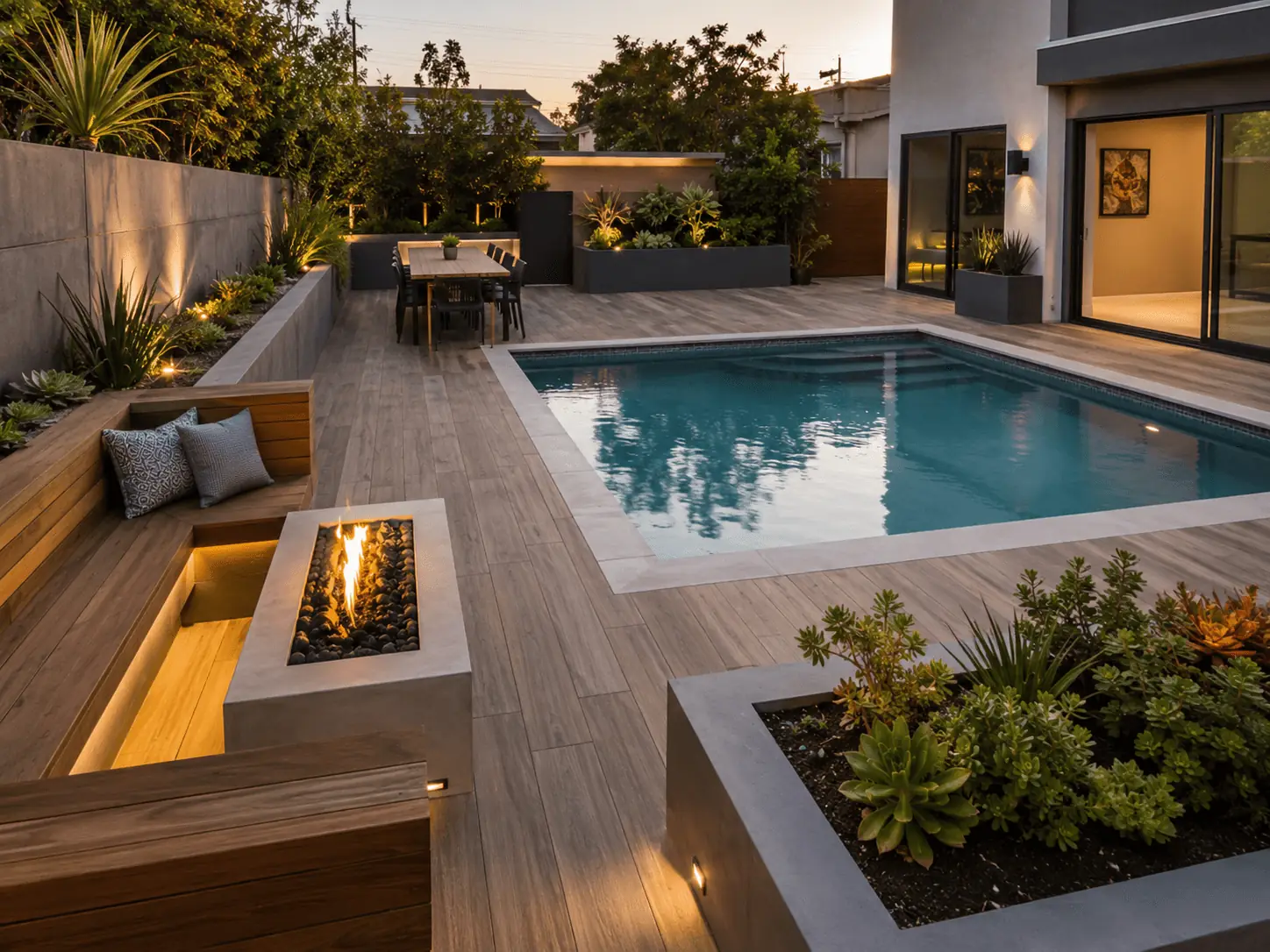Wood-look porcelain deck with built-in seating and a fire feature